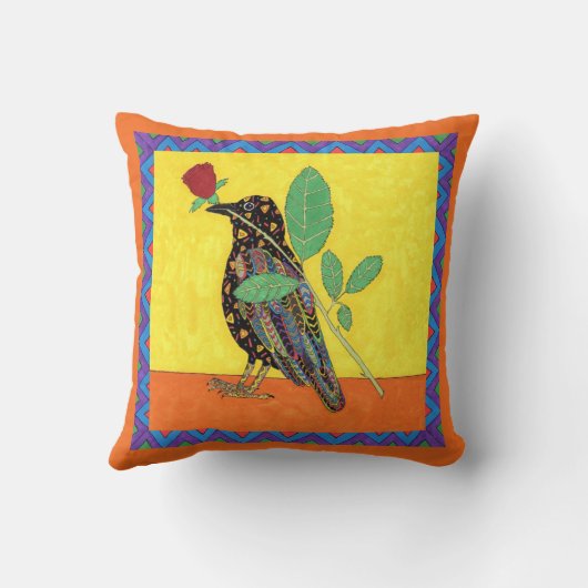 オアクサカンクロウ&レッドローズメキシコフォークアート クッション (裏面)