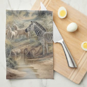 オアシスのシマウマとライオンの植物的なシーン キッチンタオル (四つ折り)