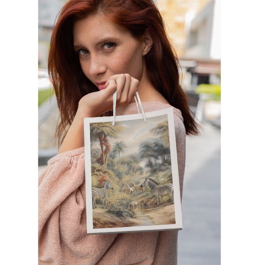 オアシスのシマウマとライオンの植物的なシーン スモールペーパーバッグ