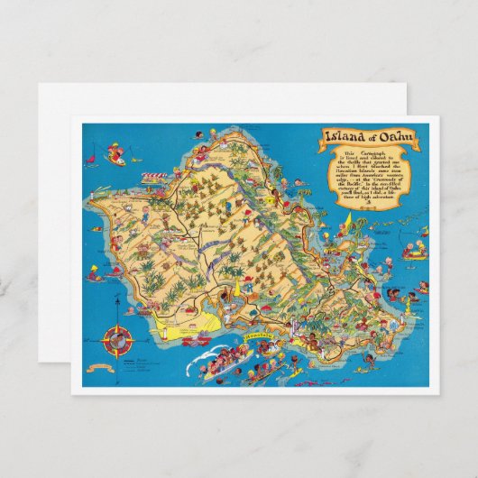 オアフおもしろいヴィンテージの地図 ポストカード (正面/裏面)