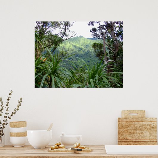 オアフのマノア渓谷の上のコロウ山脈 ポスター (キッチン)