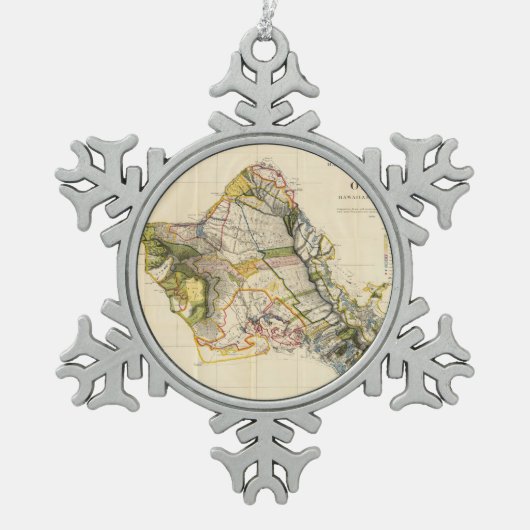 オアフハワイ(1906年)のヴィンテージの地図 スノーフレークピューターオーナメント (正面)