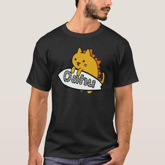 オアフ島で波乗りするサーフキャッツィラ Tシャツ (正面)