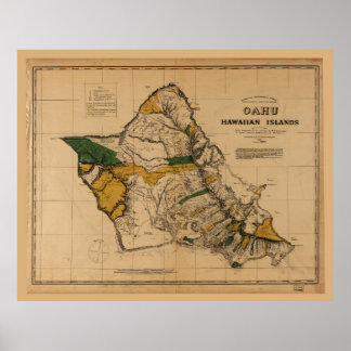 オアフ島の地図(1881ハワイアン) ポスター
