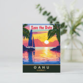 オアフ島ハワイ ヤシの木 夕焼け ピンク 結婚式の招待状 セーブザデート (スタンド正面)