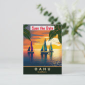 オアフ島、ハワイ近くのヨット、旅行ポストカード セーブザデート (スタンド正面)