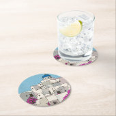 オイアラサントリーニアイランドギリシャお洒落イラストレーション ラウンドペーパーコースター (インサイチュ)