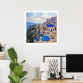 オイア、サントリーニ。ギリシャ。油絵。 ポスター (ホームオフィス)