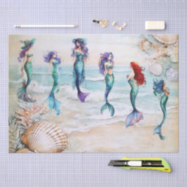 オイスタシェルのデコパージュ用に描かれた水彩の人魚 薄葉紙