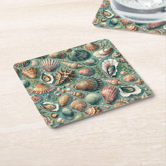 オイスタークラムホタテ貝シーシェル スクエアペーパーコースター (アングル)