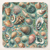 オイスタークラムホタテ貝シーシェル スクエアペーパーコースター (正面)