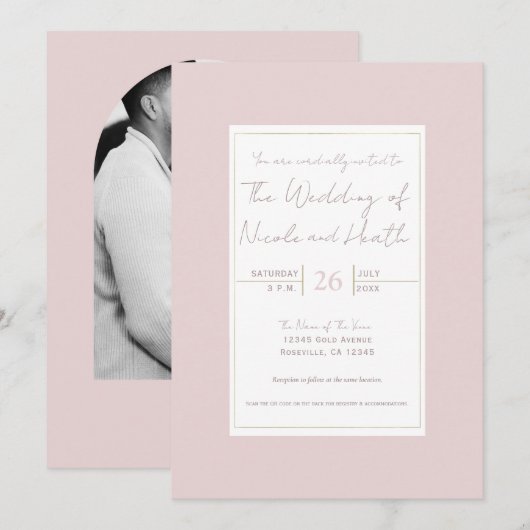 オイスターピンクとゴールドのモダン ミニマル ウェディング 招待状 (正面/裏面)