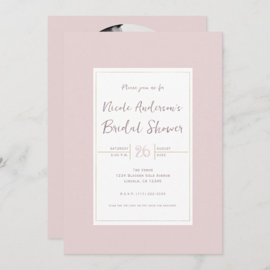 オイスターピンク&金ゴールドモダンミニマルブライダルシャワー 招待状 (正面/裏面)