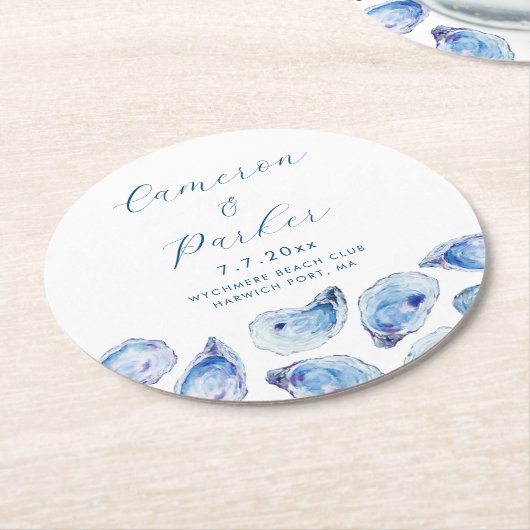 オイスターブルー結婚ウォーター ラウンドペーパーコースター (アングル)