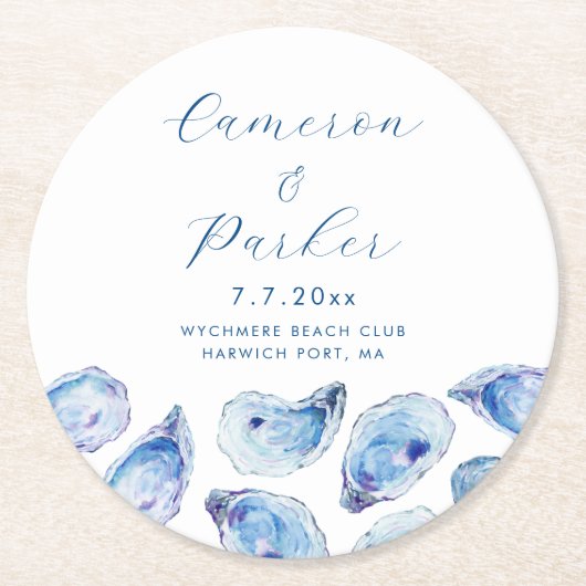 オイスターブルー結婚ウォーター ラウンドペーパーコースター (正面)
