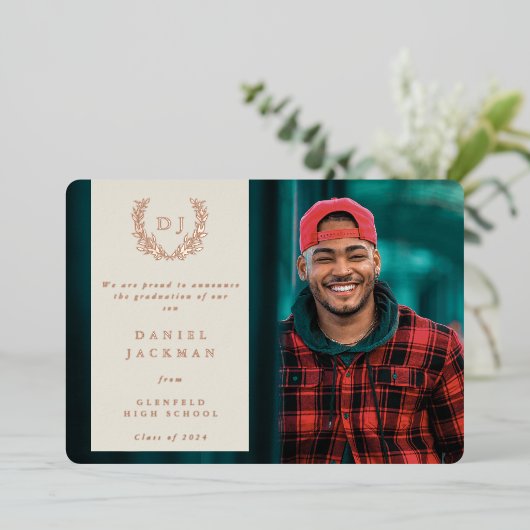 オイスターモノグラム+ローレル卒業発表 箔招待状 (立ち正面)