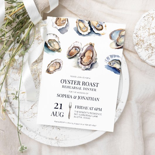 オイスターローストエレガントウォーター色のリハーサルディナー 招待状