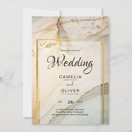 オイスター パール ゴールド ウェディング アルコール インク アブストラクト 招待状 (正面)