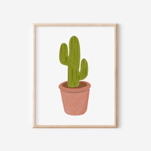 オイルパステルで描かれた鉢植えサボテンの手描きアート ポスター