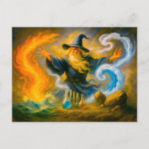 オイル画で描かれた四元素を操る老練の魔術師