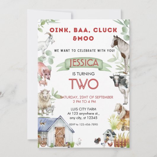 オインバアモーキュートファームアニマルズ誕生日 招待状 (正面)