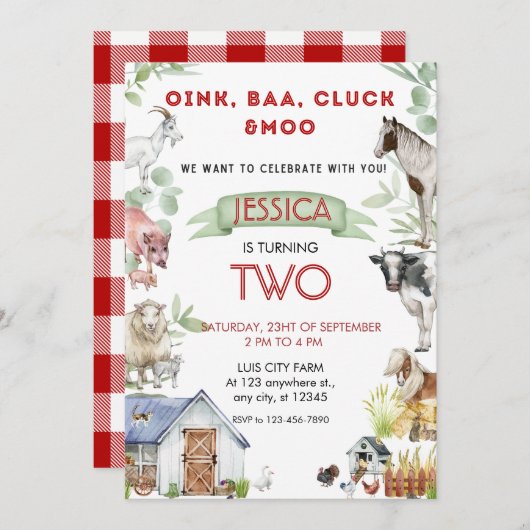 オインバアモーキュートファームアニマルズ誕生日 招待状 (正面/裏面)