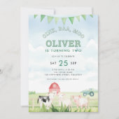 オインバアモーファーム動物2nd誕生日パーティーブルー 招待状 (正面)