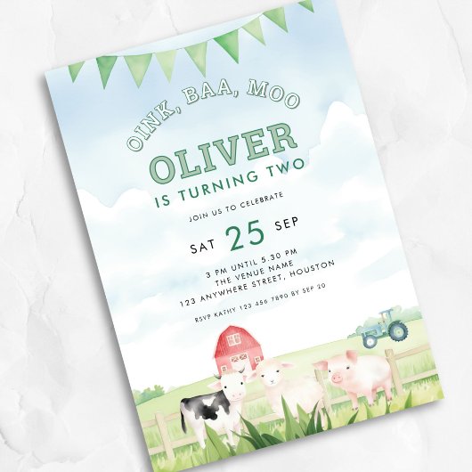 オインバアモーファーム動物2nd誕生日パーティーブルー 招待状