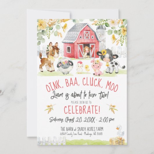 オインバアモーファーム納屋周囲の庭フローラ少年2歳の誕生日 招待状 (正面)