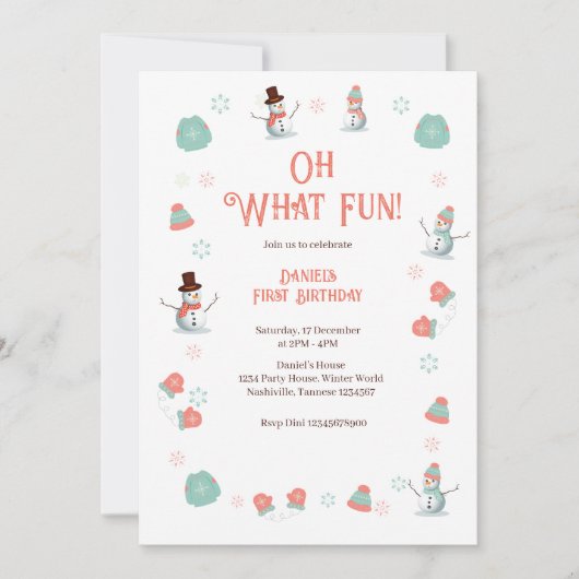 オウハウおもしろい冬雪だるま誕生日 招待状 (正面)