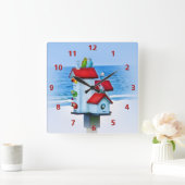 オウムおよびインコが付いている巣箱 スクエア壁時計 (ホーム)