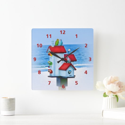 オウムおよびインコが付いている巣箱 スクエア壁時計 (ホーム)