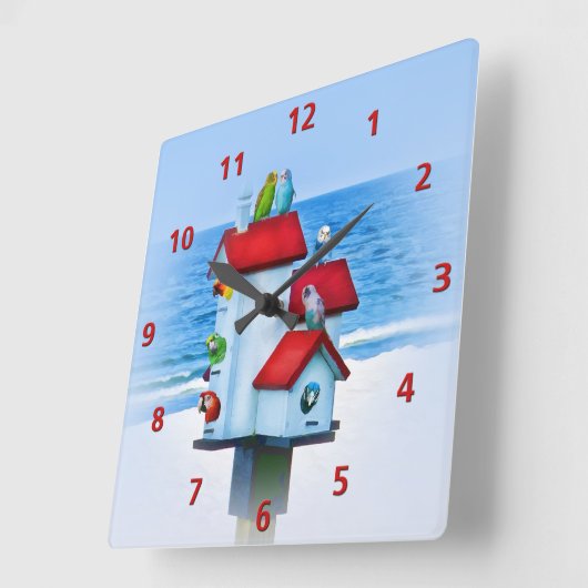 オウムおよびインコが付いている巣箱 スクエア壁時計 (傾斜)