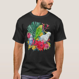 オウムとセキセイインコの花柄 Tシャツ