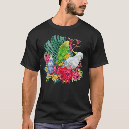 オウムとセキセイインコの花柄 Tシャツ (正面)