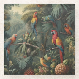 オウムとパイナップルの植物的なシーン ガラスコースター