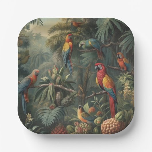 オウムとパイナップルの植物的なシーン ペーパープレート (正面)