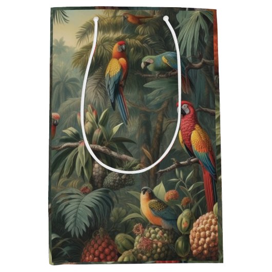 オウムとパイナップルの植物的なシーン ミディアムペーパーバッグ (正面)