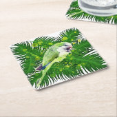 オウムとヤシ葉の水色 スクエアペーパーコースター (アングル)