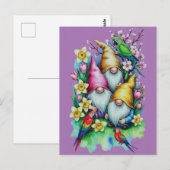 オウムと春の花々を伴った庭のノームたち ポストカード (正面/裏面)