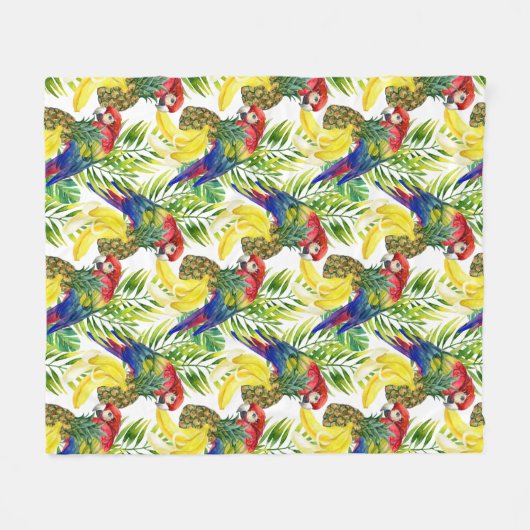 オウムと熱帯の果物 フリースブランケット (正面(横))