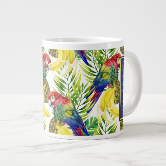 オウムと熱帯の果物|名前の追加 ジャンボコーヒーマグカップ (正面右)