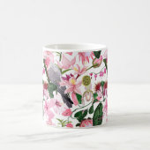 オウムと花を持つ熱帯エキゾチックな模様 コーヒーマグカップ (中央)