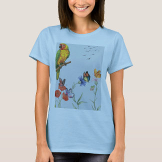 オウムと蝶のフラワープリントTシャツ Tシャツ