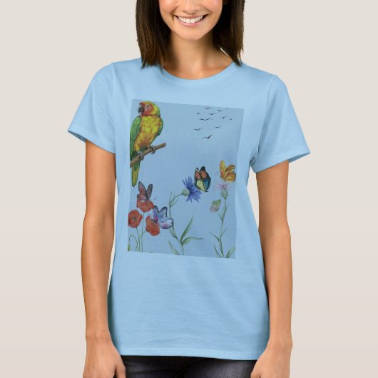 オウムと蝶のフラワープリントTシャツ Tシャツ (正面)