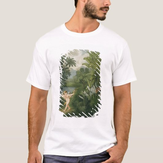 オウムに矢を向けるキューピッドの風景 Tシャツ (正面)