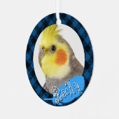 オウムのペットの鳥のポートレートブルー2フォトフェザー名 メタルオーナメント (正面左)