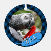 オウムのペットの鳥のポートレートブルー2フォトフェザー名 メタルオーナメント (裏面)