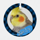 オウムのペットの鳥のポートレートブルー2フォトフェザー名 メタルオーナメント (正面)
