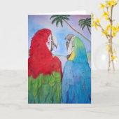 オウムの鳥のカップルの組の水彩画の絵画のブランク カード (黄色い花)
